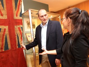 Essex MP Jeff Watson discusses the War of 1812 bicentennial with Madelyn della Valle (R), curator of the Windsor Community Museum. Photographed April 16, 2012. (Dan Janisse / The Windsor Star)