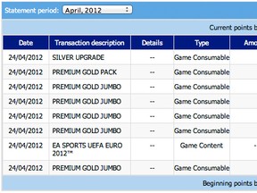 My April billing statement showing the fraudulent charges of EA Sports UEFA EURO 2012, Premium Gold Jumbo, Premium Gold Pack, Silver Upgrade.