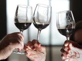 Wine glasses are toasted by Gary Killops, Claudia Taylor and Bob Dennison from the "0215 WINE GROUP," while tasting wine at Sprucewood Shores Estate Winery in Amherstburg, Ont. on Feb. 10, 2012.