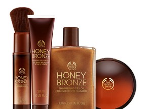 Products from the Body Shop's Summer Essentials Honey Bronze line are seen in this promotional image.