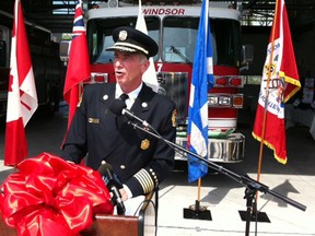 Windsor Fire Chief Bruce Montone speaks at the opening ceremonies for the new Station 7 on Lauzon Road. Photographed May 3, 2012. (Nick Brancaccio / The Windsor Star)