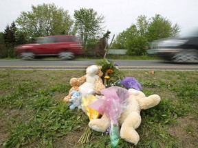 WINDSOR, ONT.:MAY 6, 2012 -- A memorial is pictured Sunday, May 6, 2012, along the west bound lane of E.C. Row Expressway where a woman died in an auto accident late Saturday night.  (DAX MELMER/The Windsor Star)