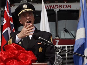 Windsor Fire Chief Bruce Montone gestures during his speech at the opening of the new Station 7 in Windsor's east end on May 3, 2012. (Nick Brancaccio / The Windsor Star)