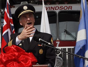Windsor Fire Chief Bruce Montone gestures during his speech at the opening of the new Station 7 in Windsor's east end on May 3, 2012. (Nick Brancaccio / The Windsor Star)