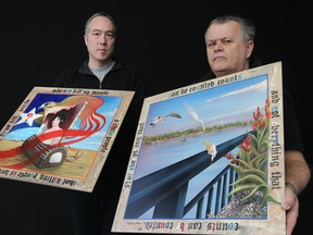 Portrait of Steve Gibb, left, and Dennis White who have put together a book and artwork for a treasure hunt in Amherstburg's 1812 celebrations. (JASON KRYK/ The Windsor Star)