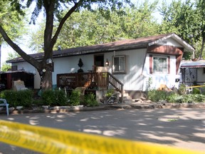 The trailer at 123 Marlin Ave. where Richard Lemmon, 50, was fatally stabbed at Countryside Village trailer park in South Windsor, Ont. on May 15, 2012. (Dylan Kristy / The Windsor Star)