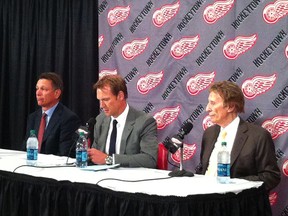 Detroit Red Wings captain Nicklas Lidstrom (centre) announces his retirement from professional hockey playing at a press conference in Detroit, MI on May 31, 2012. (Dax Melmer / The Windsor Star)