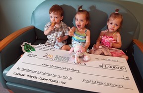 21-month-old triplets Nathan (L), Ellie (C) and Autumn Bensette (R) sit with a cheque donated by the Parents of Multiple Births Association to equip the NICU at Windsor Regional Hospital's Met Campus with new rocking chairs. Photographed May 28, 2012. (Nick Brancaccio / The Windsor Star)