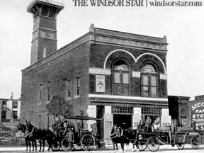 1905-Left to right,1902 Hose wagon (Hose No 2) and a 1898 Hook and Ladder (H&L Co.No 2) at the Pitt St. Fire Station built around 1887.(The Windsor Star-FILE)