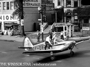 June 13 1949-As flying Club Week opened across Canada today, members of Windsor Flying Club observed the event by taxiing under its own power this 85-horsepower Globe Swift through the downtown section. Mr.M.J. Brian manager of the club taxied the plane from the airport down Howard Ave. to Tecumseh Rd. (The Windsor Star-FILE)