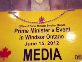 A media pass for the bridge announcement. (Dylan Kristy/The Windsor Star)