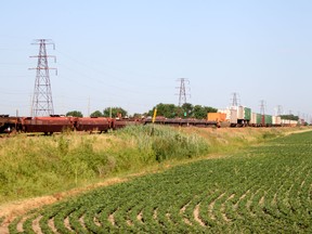 The front half of a freight train sits on the tracks in Lakeshore after it collided with a 2009 Chevy Silverado in Lakeshore on Wednesday, June 27, 2012. (DYLAN KRISTY/The Windsor Star)