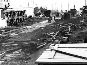 Jan.5 1966- Rail crews are continuing to repair tracks following Sunday's 33 car derailment at the Cheasapeake and Ohio Railway Station in Leamington. (The Windsor Star-File