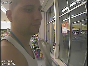 Surveillance footage of suspect wanted in connection with a robbery at the Shoppers Drug Mart on Tecumseh Road East. (Handout/The Windsor Star)