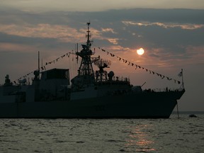 HMCS Ville de Quebec is seen anchored in Lake Huron at sunset Thursday near Sarnia, Ont., on Sept. 10, 2009. (PAULA TROTTER/The Windsor Star)