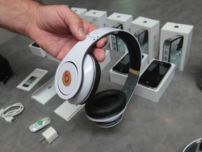 Counterfeit Beats by Dr. Dre headphones on display at Windsor Police headquarters on July 24, 2012 in Windsor, Ontario.   Police are warning the public about the counterfeit items being sold from vehicles at parking lots in the area. (Star Staff/The Windsor Star)