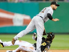 Omar Infante, top, turns a double play in front of Pittsburgh's Andrew McCutchen at PNC Park in Pittsburgh. The Tigers acquired Infante Monday. (Joe Sargent/Getty Images)