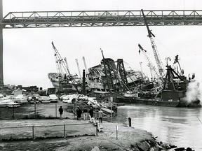 After two months of salvage operations the M.V. Montrose is now afloat in the Detroit River on Nov. 5, 1962. (The Windsor Star-FILE)