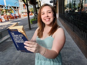 Drama student Brooke Trealout, 17, poses in downtown Windsor. Trealout will try raising money for her university bills on Saturday by reciting Shakespearean works at the corner of Ouellette and University Avenue. (Dan Janisse / The Windsor Star)