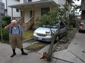 Arsenis Stylianos, 80, looks over the damage to his neighbours minivan, which belongs to Irene Hawkins, after a large tree branch fell on the vehicle during last night's storm on the 300 block of Janette Avenue, Thursday, July 5, 2012.  (DAX MELMER/The Windsor Star)