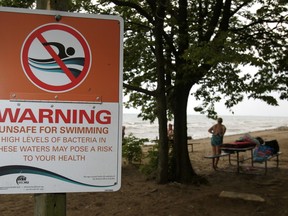 File Photo: A sign warning swimmers the water is unsafe for swimming due to high levels of bacteria is pictured at Holiday Beach, Thursday, July 5, 2012.
