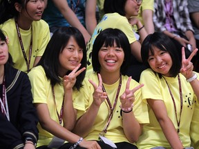 Visiting from Fujiwawa, Japan, Yuzuha Yakagi, left, Misaki Shimbo and Yume Taguchi enjoy Windsor, Ont. hospitality during a cultural exchange at Brock Public School Thursday, Aug. 2, 2012. (NICK BRANCACCIO/The Windsor Star)