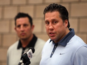 The Windsor Spitfires Bob Boughner and Warren Rychel (right) answer questions during a meet and greet for season ticket holders at the WFCU Centre in Windsor on Friday, April 27, 2012.          (TYLER BROWNBRIDGE / The Windsor Star)