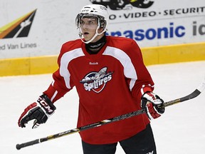 Spits rookie defenceman Patrick Sieloff takes a break at practice Wednesday at the WFCU Centre. (TYLER BROWNBRIDGE/The Windsor Star)