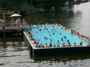 The Badeschiff (in English, "bathing ship") is a floating public swimming pool in Berlin, the capital city of Germany. Situated in the East Harbour section of the River Spree, the Badeschiff allows citizens to swim in a sanitary environment near the river. The Spree itself is far too polluted to permit safe bathing. (The Windsor Star-Google Image