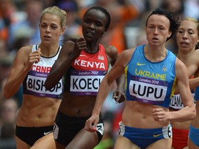 Canada's Melissa Bishop, Kenya's Cherono Koech, Ukraine's Nataliia Lupu and Russia's Elena Arzhakova competes in the women's 800m heats at the athletics event of the London 2012 Olympic Games on August 8, 2012 in London. AFP PHOTO / JOHANNES EISELEJOHANNES EISELE/AFP/GettyImages