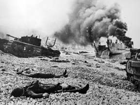 The scene at Red Beach, where the Essex Scottish Regiment landed on Aug. 19, 1942, after the Allied raid on Dieppe was aborted, as depicted by a German photographer.