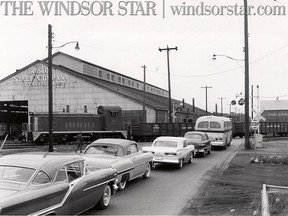 July 12/1958-The busy Walker Rd. Essex Terminal Railway crossing looking south. (The Windsor Star-FILE)