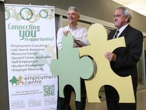 The official opening of the St. Clair College Employment Centre was held Wednesday, Sept. 26, 2012, in Windsor, Ont. John Alexander, left, of the Ministry of Training, Colleges and Universities, and John Strasser, president of St. Clair College, participate in a photo op during the event.  (DAN JANISSE/The Windsor Star)