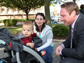 MPP Taras Natyshak, right, is greeted Sarah Rieveley and her son, Cameron, at a rally held at Windsor Regional Hospital Met Campus to discuss issues involving the hospital's Neonatal Intensive Care Unit on Sept. 21, 2012 (NICK BRANCACCIO/The Windsor Star)