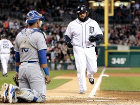 Detroit's Prince Fielder celebrates a solo home run in the second inning against the Kansas City Royals at Comerica Park Monday. (Leon Halip/Getty Images)