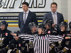 LaSalle Vipers head coach Ryan Donally, left, and assistant coach Cam Crowder will make their Junior B coaching debuts Wednesday against St. Thomas. (NICK BRANCACCIO/The Windsor Star)