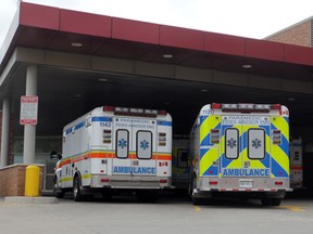 Ambulances line up at Hotel Dieu Grace hospital in Windsor, Ont., in this 2011 file photo in Windsor, Ont.  (JASON KRYK/ The Windsor Star)