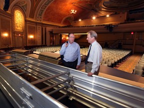 Windsor Symphony Orchestra general manager Paul Meanwell, left, and Capitol Theatre project manager Jeth Mill observe pieces of the orchestra shell which is being installed to assist with acoustics in the historic Capitol Theatre as WSO prepare for the 2012-13 symphony season.  (NICK BRANCACCIO/The Windsor Star)