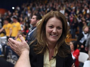 University of Windsor Lancers coach Chantal Vallee celebrates her team's win  in the  CIS Women's gold medal championship at the St. Denis Centre,on  Mar. 20, 2011. (DAX MELMER/The Windsor Star)