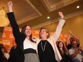 Catherine Fife and NDP leader Andrea Horvath celebrate KW byelection victory