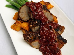 Spice Pumpkin Seed Pork Tenderloin with Raspberry-Pear Chutney