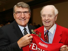 Ex-Wings announcer Budd Lynch, right, and former Canadiens forward John Ferguson attended a gala at the Caboto Club in 2006. (Star file photo)