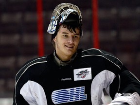 Goalie Jaroslav Pavelka takes a break at practice at the WFCU Centre last year. (Star file photo)