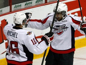 Spits rookie Josh Ho-Sang, right, celebrates his first goal in the OHL with teammate Kerby Rychel against Sault Ste. Marie at the WFCU Centre. (NICK BRANCACCIO/The Windsor Star)