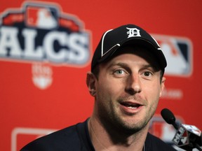 Max Scherzer talks to the media before Game 3 in Detroit Tuesday. Scherzer will start against the Yankees in Game 4 Wednesday. (AP photo)