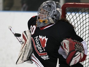 Niagara Falls goalie Kristina Toppazzini makes a save during a Midget A division game against the Windsor Wildcats at the 2011 Hocktoberfest at the WFCU Centre. (DAN JANISSE/The Windsor Star)
