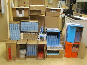 Various boxes of contraband cigarettes shown at Windsor RCMP headquarters. (Courtesy of Windsor RCMP)