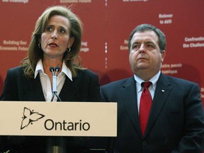 In this file photo, Minister of International Trade and Investment Sandra Pupatello, MPP Windsor West, and Dwight Duncan, MPP Windsor-Tecumseh, discuss the Ontario government's involvement in Chrysler's restructuring plan during a press conference at the Radisson Hotel in Windsor, Ont. on Thursday, April 30, 2009.       (TYLER BROWNBRIDGE / The Windsor Star)