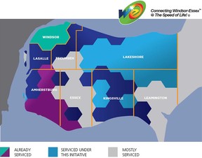 Map showing the coverage area in Essex County for the new High Speed Internet initiative. (The Windsor Star-Handout photo)