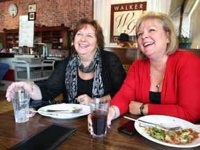 Friends Shelley Thrasher, left, and Karen Parr celebrate their mammogram examinations with a "mammodate" at Walker Grill in Windsor, Ont., Thursday October 4, 2012.  (NICK BRANCACCIO/The Windsor Star)